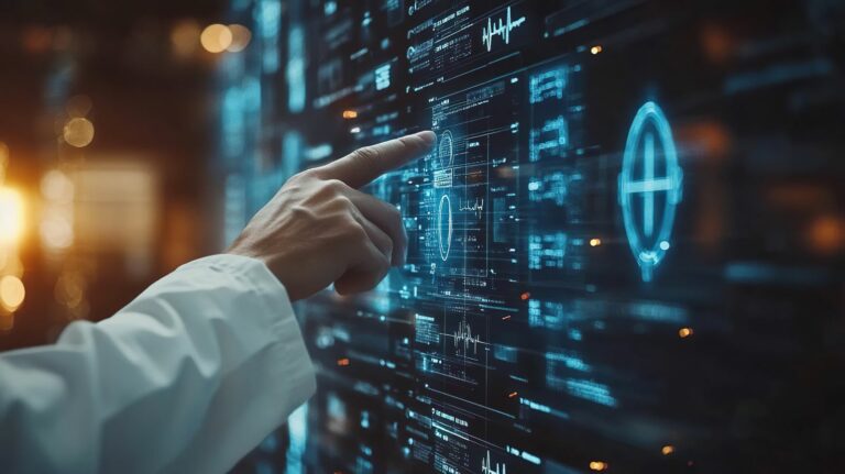 Hand interacting with futuristic medical digital interface
