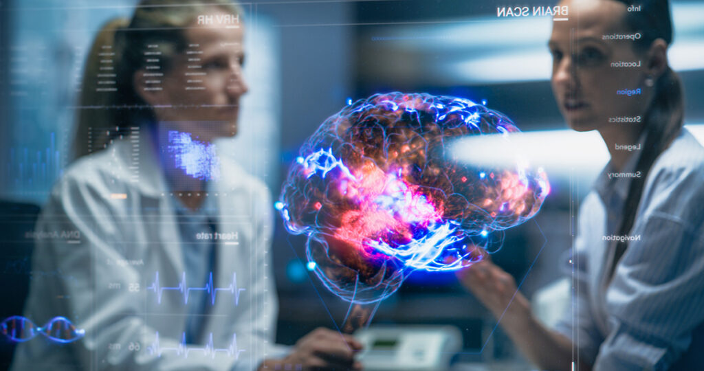 Scientists analyze glowing digital brain scan in laboratory