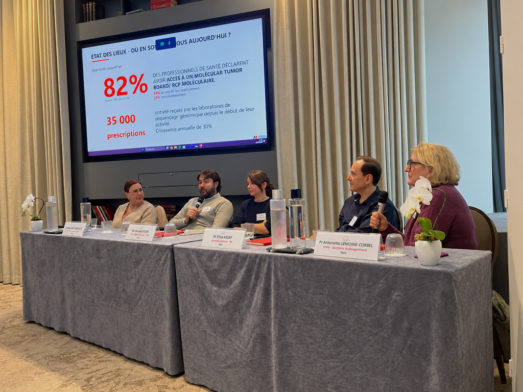 Medical panel discusses molecular tumor board access statistics.